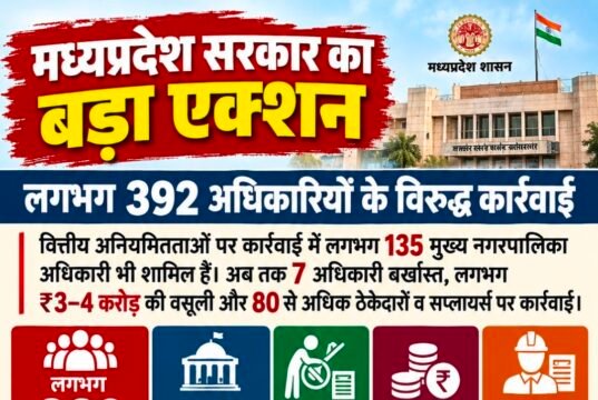 मध्यप्रदेश में वित्तीय अनियमितताओं पर कार्रवाई, 392 अधिकारियों पर शिकंजा,135 मुख्य नगरपालिका अधिकारी भी कार्रवाई के दायरे में, 7 अधिकारी बर्खास्त और 3–4 करोड़ रुपये की वसूली का दावा